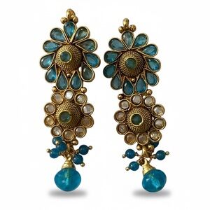 Traditional Indian Kundan Earrings Gold Tone Turquoise Blue Jumkha Dangle